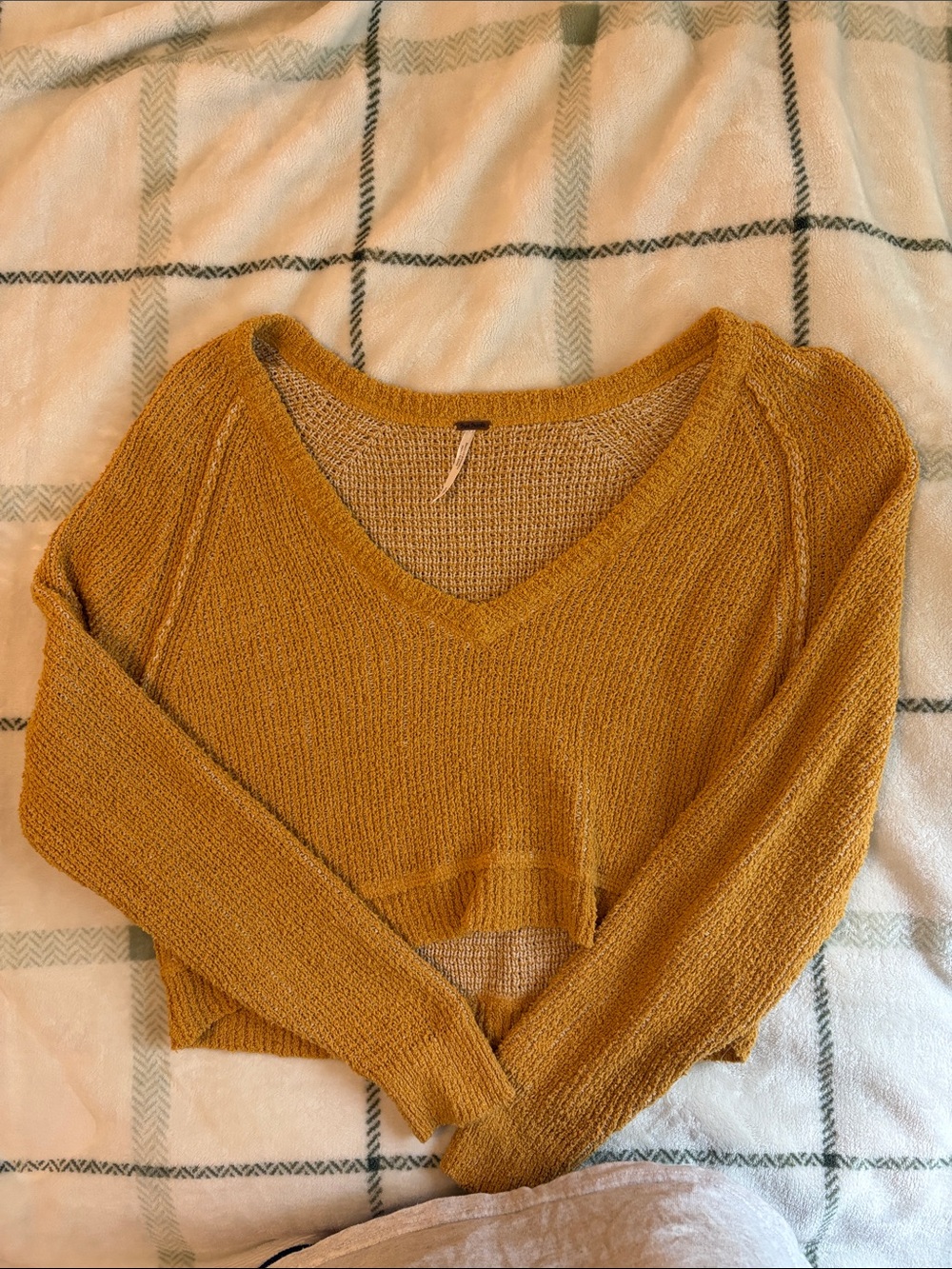 Free People Mustard V-Neck Cropped Knit Sweater